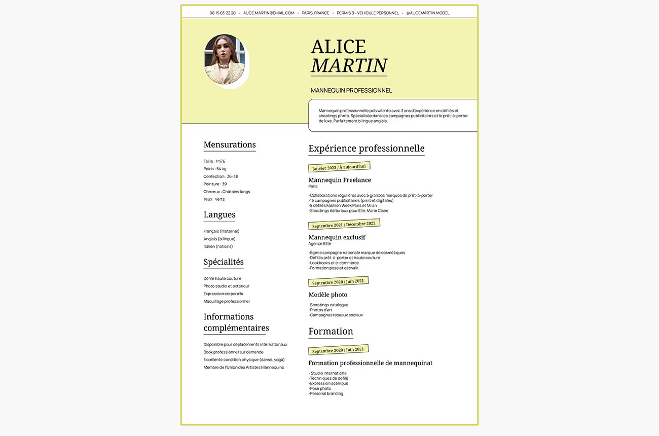 exemple de cv de mannequin